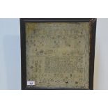A late 18th century needlework sampler, ".....Watt, Aged 10, 1789", worked with alphabet, numbers,