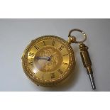 A Victorian lady's 18ct gold fob watch, the engine-turned gilt dial with Roman numerals, the case