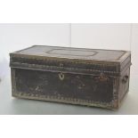 A Chinese Export brass-bound leather-covered trunk, first half of the 19th century, the flat top