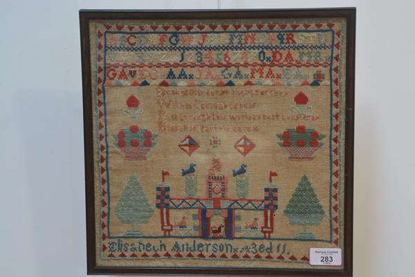 A late 19th century needlework sampler, Elisabeth Anderson, aged 11, worked in colours with