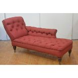 A mid-Victorian chaise longue by James Shoolbred & Co., the buttoned seat, back and arm raised on