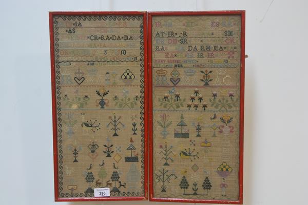 A pair of early 19th century needlework samplers, Mary Russel and her sister, 1807 and 1808,