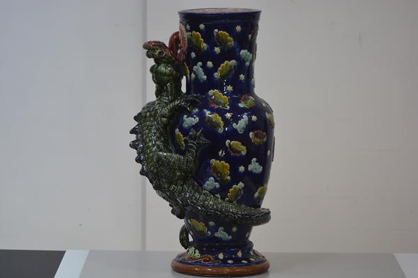 An unusual large majolica "Chinoiserie" baluster vase, late 19th century, of shouldered form,