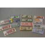 Seventeen banknotes, US 10 dollars 1957, U.S. 1 dollar, Canada 20 dollar etc