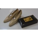 A pair of lady's satin 1920s shoes with button detailing, size 10, and a treen box Love's Token (4cm