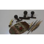 An early 1920's plastic swallow brooch, three office stamps, a beadwork purse, a group of crochet