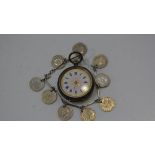 An Edwardian Birmingham silver lady's fob watch, with enamel dial and Roman numerals, engraved case;