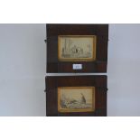 A pair of Victorian pen and ink sketches depicting a Lady with Horse and companion, in rosewood