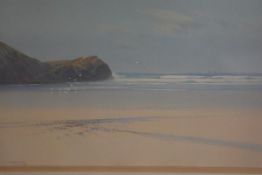 F J Widgery, Footsteps in the Sand near Newquay, watercolour, signed, paper label verso (25cm x