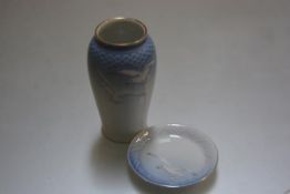 A Bing & Grondhal Danish porcelain ovoid vase decorated with seagull design and matching butter