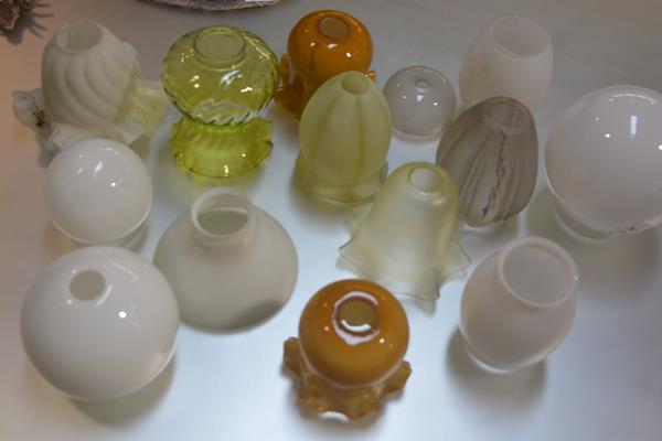 A collection of fourteen various globe crimped light shades including two vaseline glass (a lot)