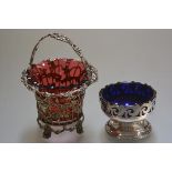 An EPNS Bristol blue glass lined pierced bon bon dish and an EPNS bon bon basket with cranberry