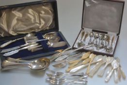 A pair of 19thc mother of pearl carved salt spoons, six various other mother of pearl spoons and a