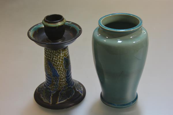 A Gauda 1933 candlestick with drip pan and ribbed column, on circular moulded base (restorations) (