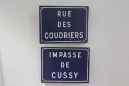 A pair of blue and white enamel French street signs. 30cm by 40cm