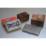 A Sorrento ware inlaid two section card case complete with original cards, a plated cigarette case