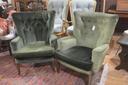 A pair of 1950s/60s button back drawing room easy chairs upholstered in green plush fabric with