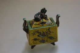 A modern Chinese censor with kylin figure surmount, with twin scroll handles, with famille jaune