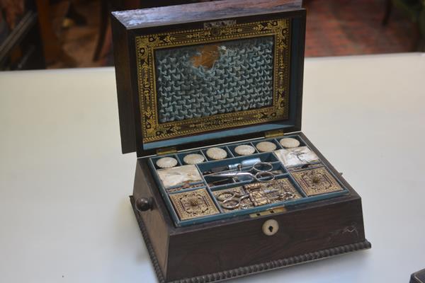 A Regency rosewood sarcophagus sewing box with engraved mother of pearl plaque Elizabeth