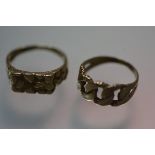 A 9ct gold block decorated gent's ring and a yellow metal chainlink style ring, unmarked, sized