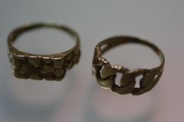 A 9ct gold block decorated gent's ring and a yellow metal chainlink style ring, unmarked, sized