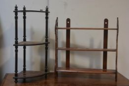 An Edwardian walnut and ebonised three tier corner etagere and an Edwardian walnut three tier wall