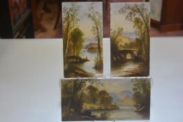 A set of three 19thc handpainted tiles depicting Continental riverscapes, two signed W. Yule (31cm x