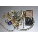A group inc. paste pearl necklaces, 9ct gold lady's wristwatch with enamel dial, ceramic brooch