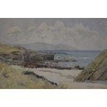 William Jardine Dobie, Tangy Shore, Kintyre, watercolour, signed and dated 1954, paper label