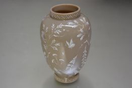 A 19thc opaque/light grey/brown glass vase with handpainted white ferns in relief with fronds and