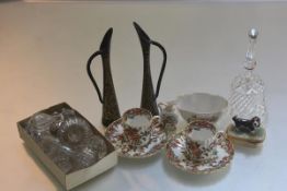A pair of Spode coffee cans and saucers with Imari style decoration and oval Forget me Not dish, a
