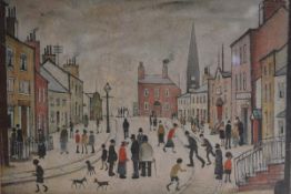 After L.S. Lowry, A Lancashire Village, a Ganymed reproduction, print. 36cm by 50cm