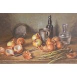 Alan Sutherland, The Onions, still life, oil on canvas board, signed (49cm x 74cm)