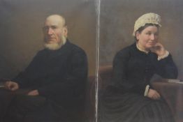 19th century School, A Husband and Wife, a pair of portraits, unframed. 61cm by 46cm