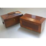 A 19thc rosewood sarcophagus tea caddy with twin brass ring handles to side, with fitted interior