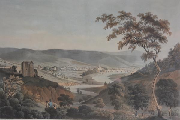 After I. Clark, Town of Peebles, 19th century topographical engraving highlighted with colour 47.5cm