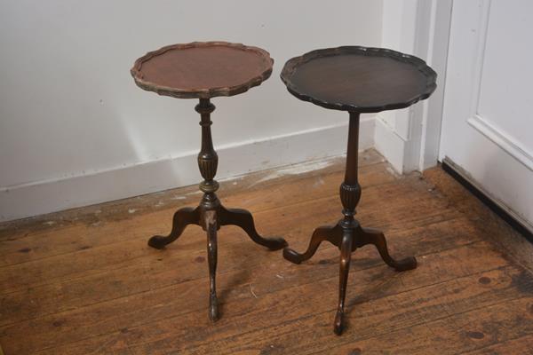 Two stained scalloped top pedestal wine tables on tripod bases (restorations) 51cm by 29cm each