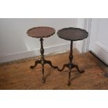 Two stained scalloped top pedestal wine tables on tripod bases (restorations) 51cm by 29cm each