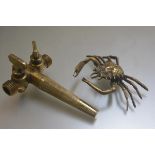 A brass cast model of a crab (20cm) and a brass tap (l.21cm) (2)