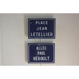 Two French blue and white enamel street signs, Place Jean Letellier and Allee Paul Heroult (2)