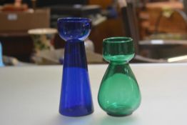 A Bristol blue glass hyacinth vase (h.21cm) and a green gourd shaped hyacinth vase (h.16cm) (2)