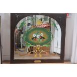 A mahogany framed arched top pub mirror with reverse painted panel, Fragaria Vesca, ex Smiddy Bar,