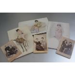 Three various framed Victorian family photographs and three 1920s saucy prints depicting Girl riding