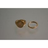 A 9ct gold engraved signet ring (R/S) and a 9ct gold wedding band (M) (11g)