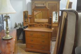 A Victorian ash dressing chest with rectangular mirror, with twin open shelves and adjustable side