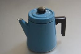 A Finel Finish turquoise blue enamelled perculator with black domed knop, complete with original