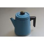 A Finel Finish turquoise blue enamelled perculator with black domed knop, complete with original