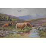 G M Rennie, Highland Scene with Cattle, oil on canvas, signed (18cm x 28cm)