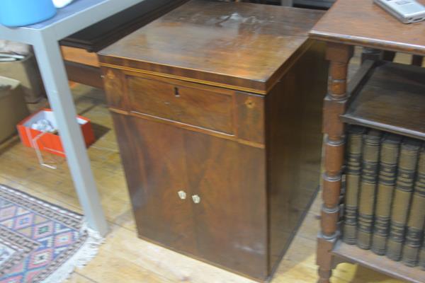 A 19thc mahogany cabinet, the square top with boxwood strung border, above a dummy drawer and double