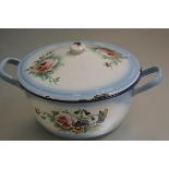 A Continental white enamelled and blue bordered two handled dish and cover with enamelled rose and